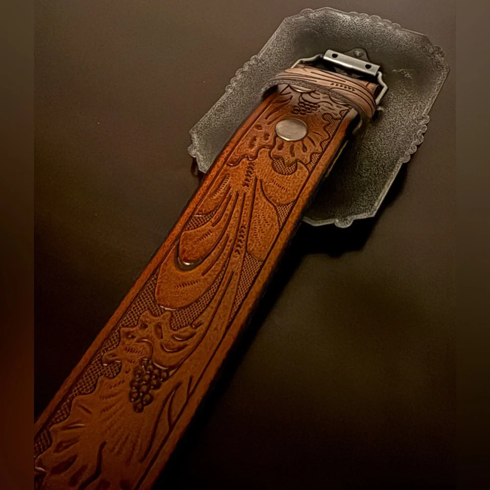 Genuine Hand Tooled Full Grain Leather Western Belt w/ Longhorn Bull Buckle 46